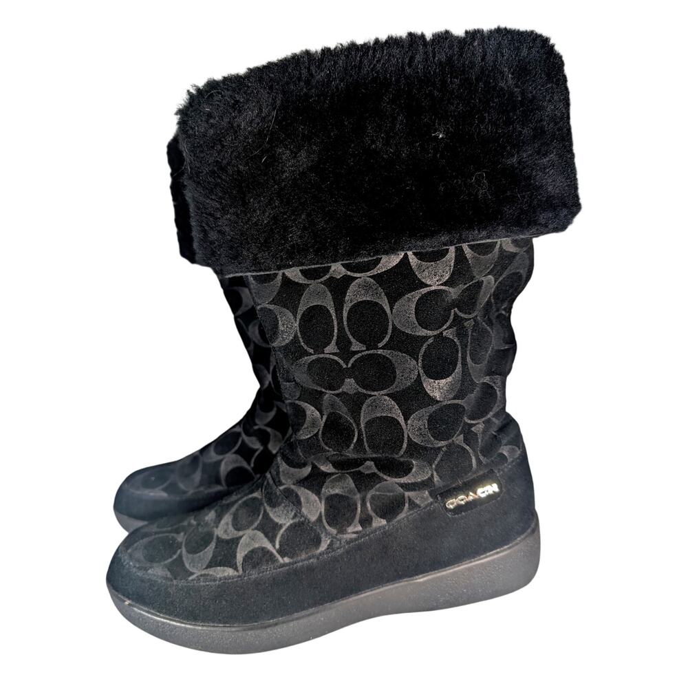 COACH! BLACK GENUINE SUEDE LEATHER & SHEARLING MONOGRAM LOGO WINTER BOOTS! SZ 8M